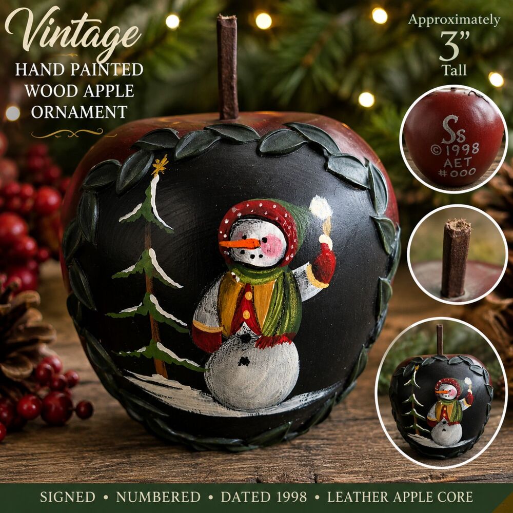 1998 AET Hand Painted Wood Apple Snowman Christmas Ornament Signed #0001 3 inch